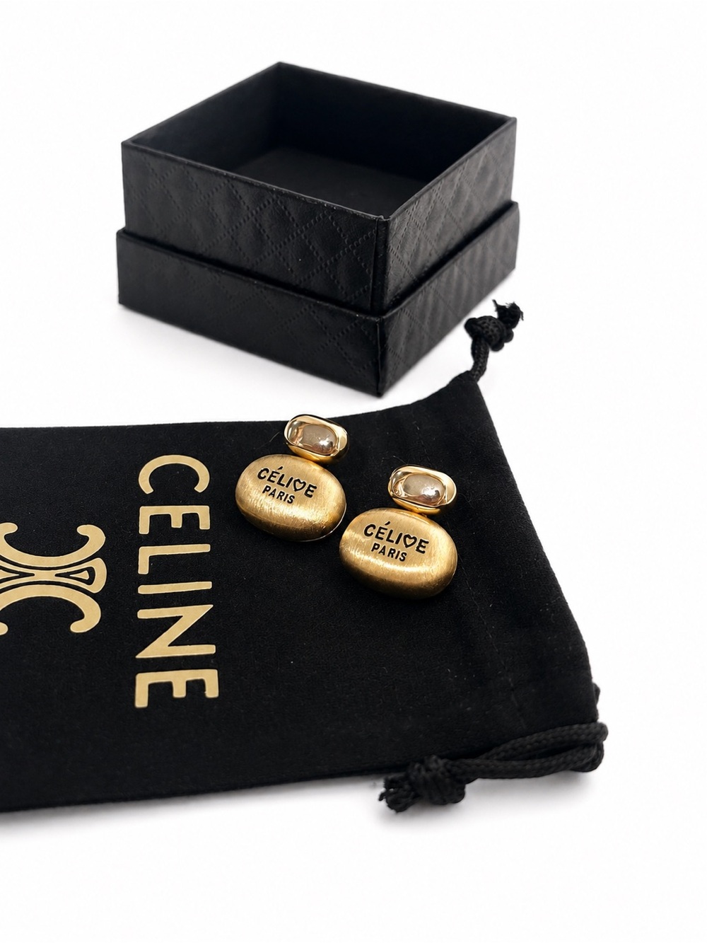 Celine Gold-Tone Céline Paris Logo Drop Clip Earrings